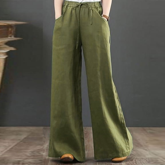 Idoravan Women's Linen Trousers Solid Color Comfortable Waist Wide Loose Leg Pants