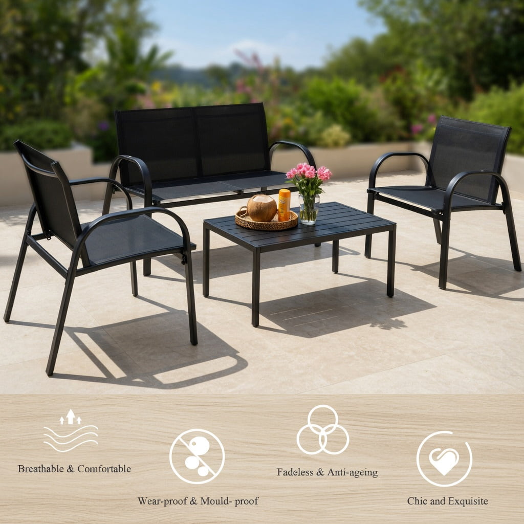 Hommoo 4-Piece Modern Outdoor Patio Furniture Set, Steel Frame Loveseat, Two Single Sofas & Tempered Glass Top Coffee Table for Backyard, Deck or Balcony, Black