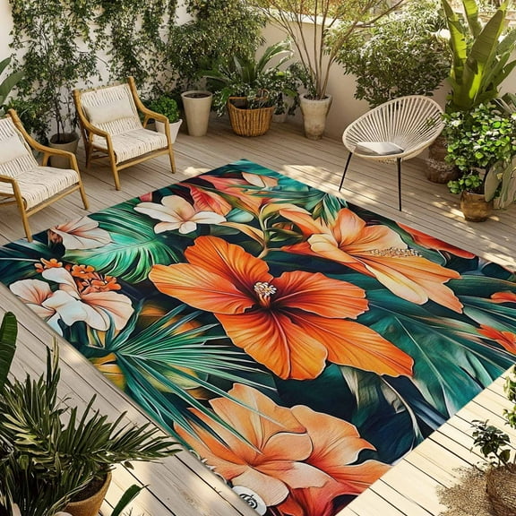 Fsddascl Burnt Orange Flower Outdoor Rug for Patio/Deck/Porch, Non-Slip Large Area Rug 5 x 8 Ft, Vintage Botanical Floral Indoor Outdoor Rugs Washable Area Rugs, Reversible Camping Rug Carpet Runner