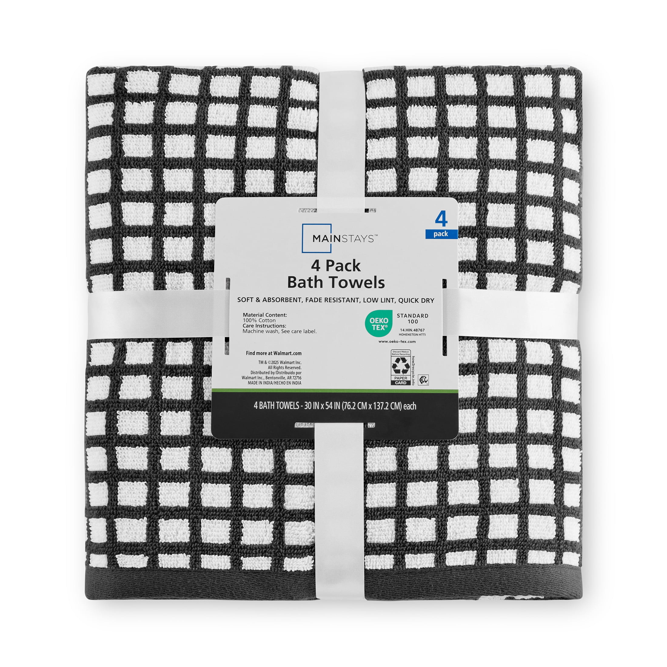Mainstays Performance Quick Dry Bath Towel Set, 4-Piece, Checkered Black
