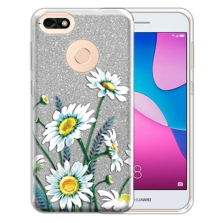 FINCIBO Silver Glitter Case, Sparkle Bling TPU Cover for Huawei P9 Lite Mini 5", Daisies Flowers
