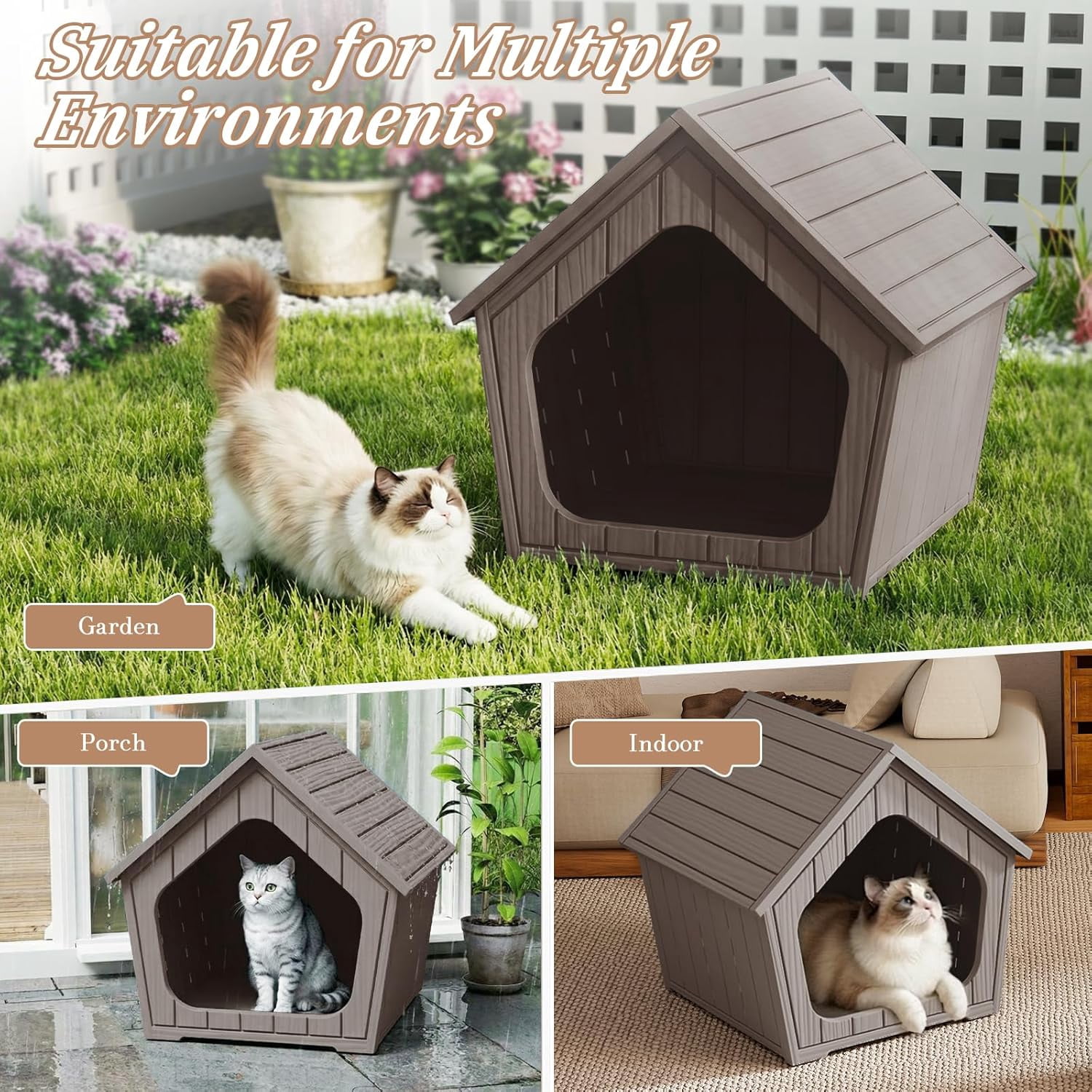 GMNIUOutdoor Cat House for Outside Indoor Use, Weatherproof Resin Outdoor Cat Shelter for Small, Medium, Large Cats, Easy Assembly(Gray)