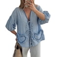 thumbnail image 2 of Women Casual Tops Basic Tie Front Tops Plaid Print 3/4 Sleeve Shirt with Pocket Vacation Clothes for Club Streetwear Peasant Clothes, 2 of 4