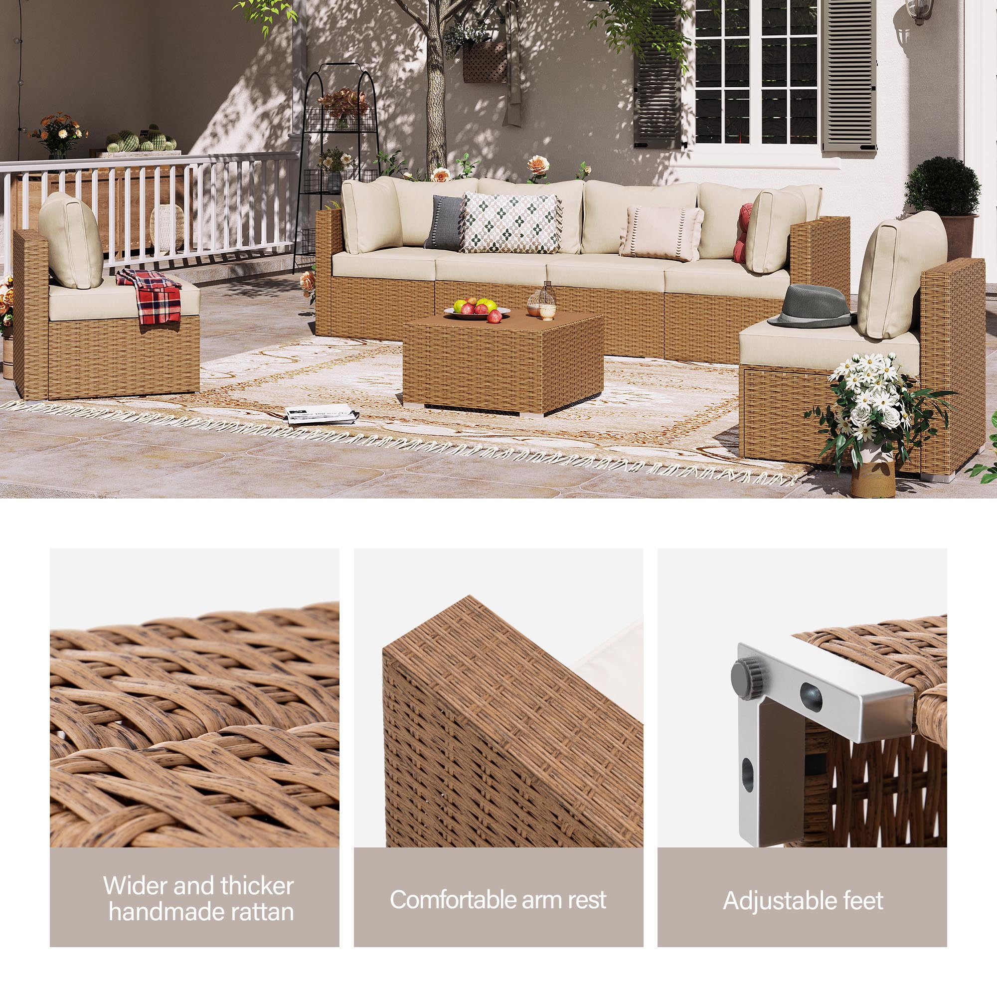 LAUSAINT HOME 7 Pieces Outdoor Furniture Set, Patio Sectional Coversation Set with 6 Chairs and 1 Coffee Table, Beige Cushions & Brown Wicker