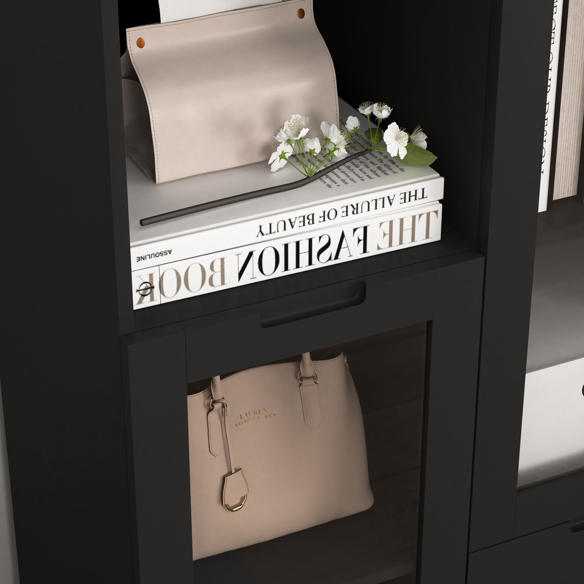 Noble House Storage Cabinet with Glass Doors and Drawer, Adjustable Shelves, Black