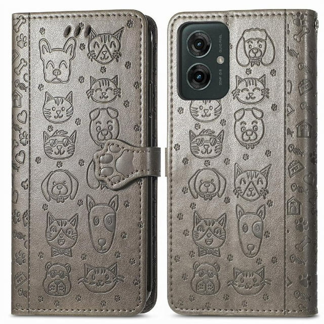 Funda Cartera FOXDOCK para Motorola Moto G35 , Flip PU con Relieve de Gatos y Perros, Tarjetero y Soporte