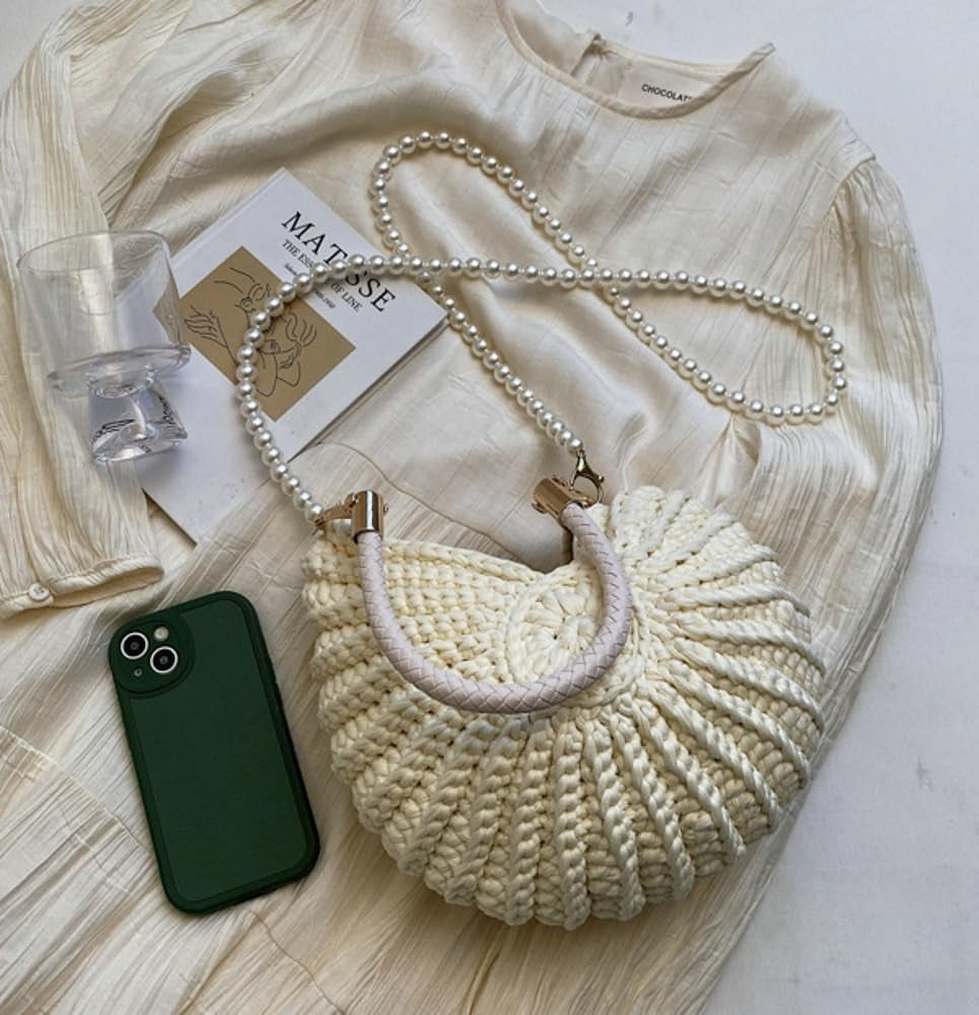 MMYGU Handwoven Seashell Bag for Women Crochet Beach Bag Boho Clutch with Pearl Strap Leather Handle Unique Design 2025