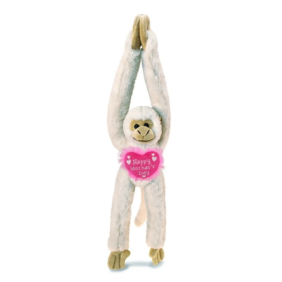 DolliBu Happy Mother's Day Super Soft Plush Hanging White Squirrel Monkey - Cute Stuffed Animal Present With Pink Heart Message for Best Mommy, Grandma, Wife, Daughter - Cute Wild Life Plush Toy - 21"