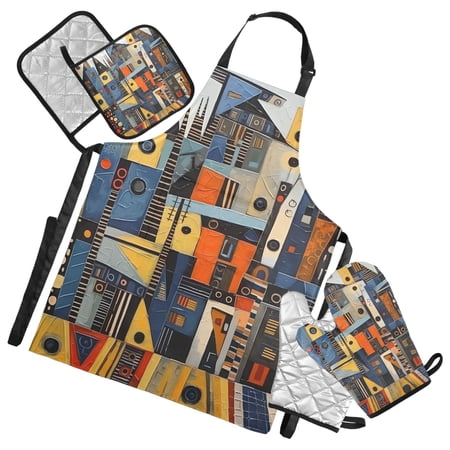 Abstract Modern Cityscape 5 Pcs Kitchen Set Heat Resistant Oven Mitts and Non-Slip Pot Holders with Adjustable Cooking Apron