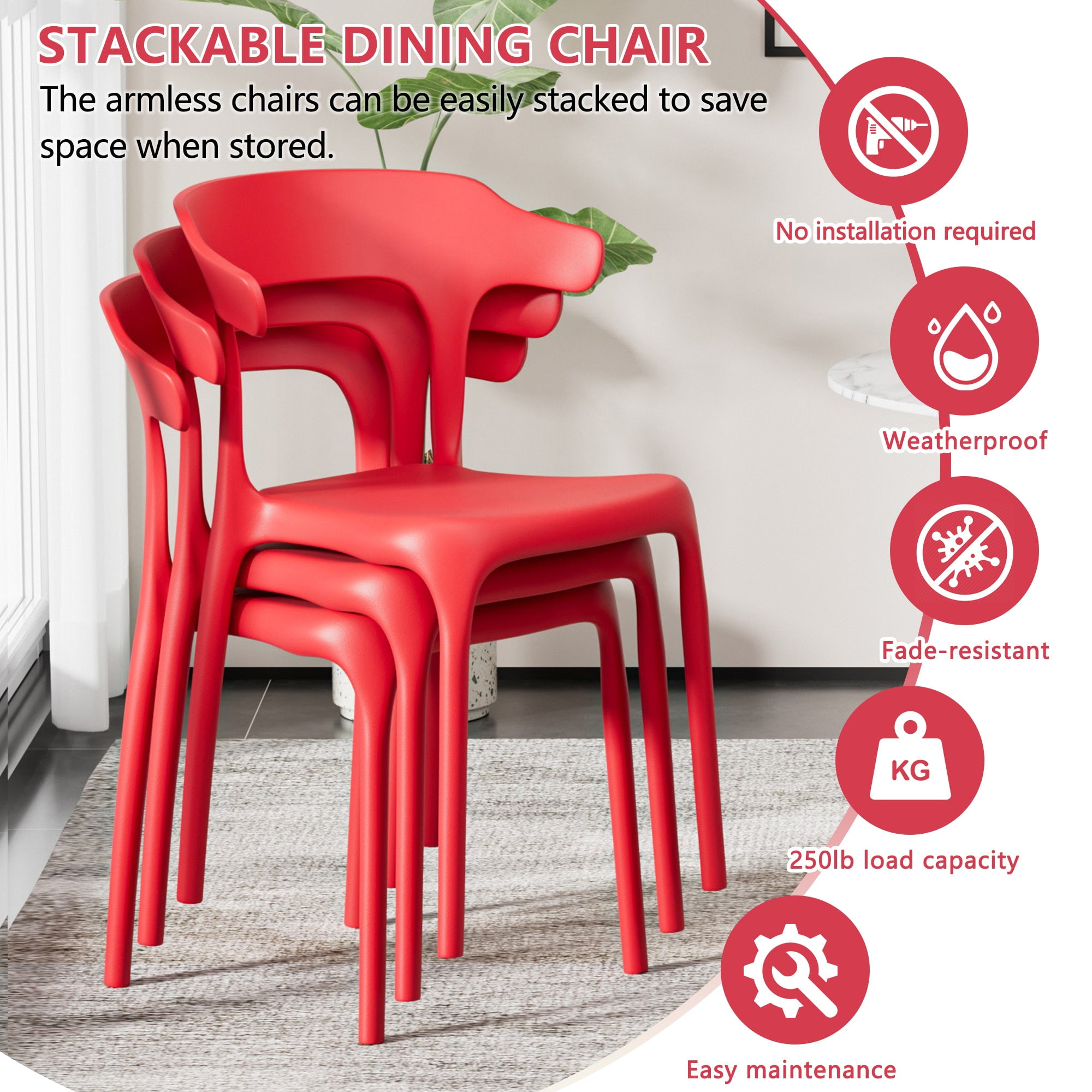 VECELO Stackable Patio Dining Chair Set of 4, Outdoor/Indoor Dining Chairs for Restaurant, Poolside and Garden, No Assembly, Red