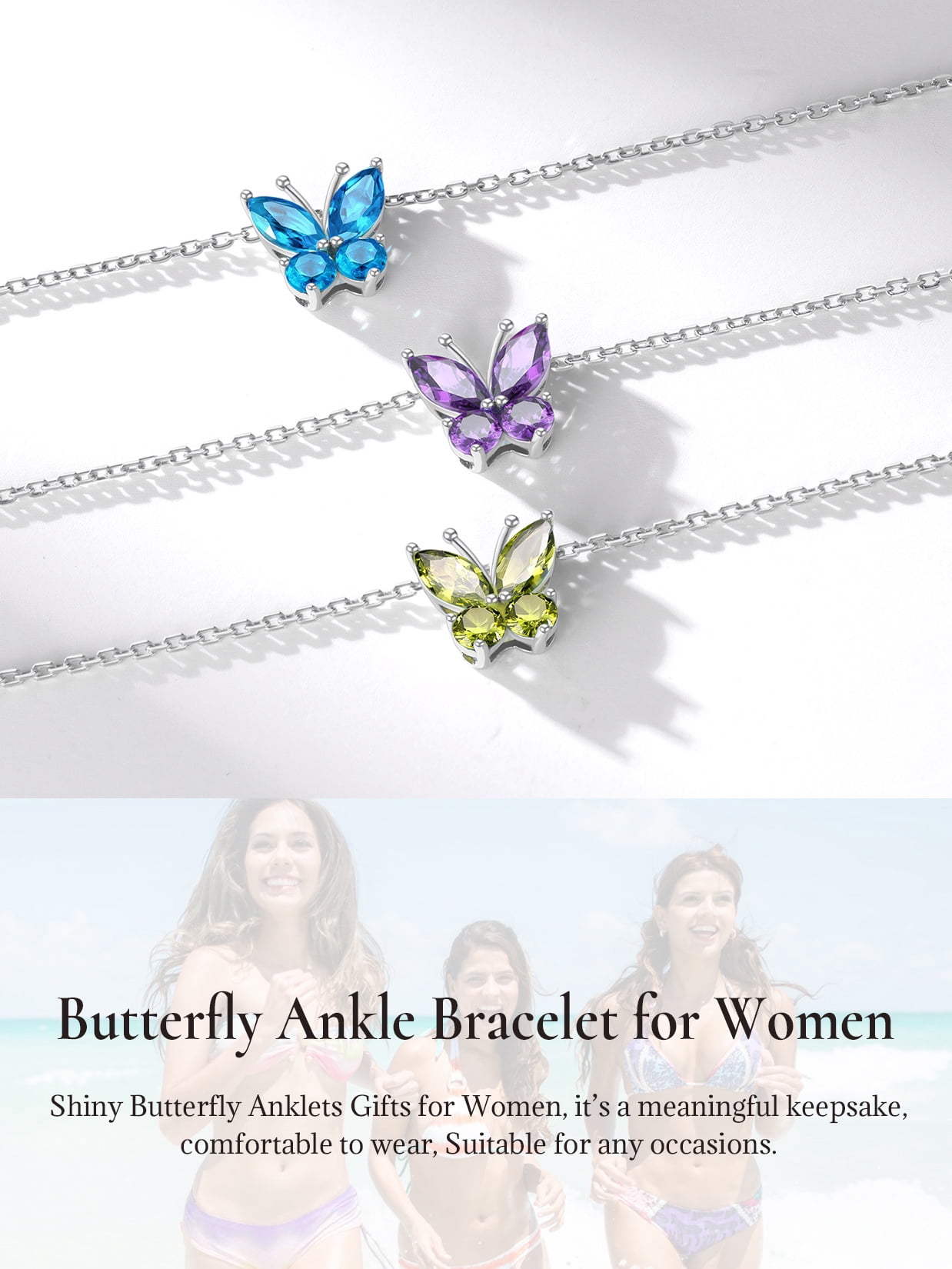 U7 Sterling Silver Anklet for Women Butterfly May Birthstone Foot Bracelet Summer Beach Holiday Jewelry Gift for Her Daughter Birthday