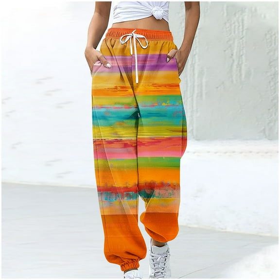 WXLWZYWL Women's Athletic Pants Straight Legs High Waisted Drawstring Rainbow Gradient Sweatpants Loose Lounge Workout Jogger Trouser