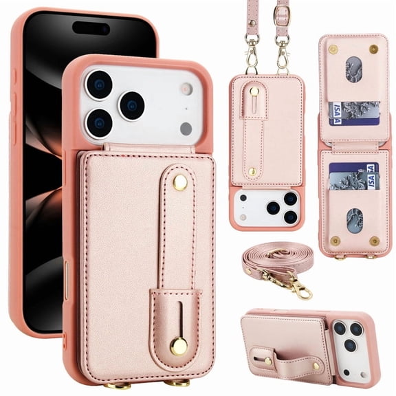 Tianyeda Crossbody Wallet Phone Case for iphone 17Pro, PU Leather Case Back with Card Slot Magnetic Clasp Kickstand wrist holder RosePink