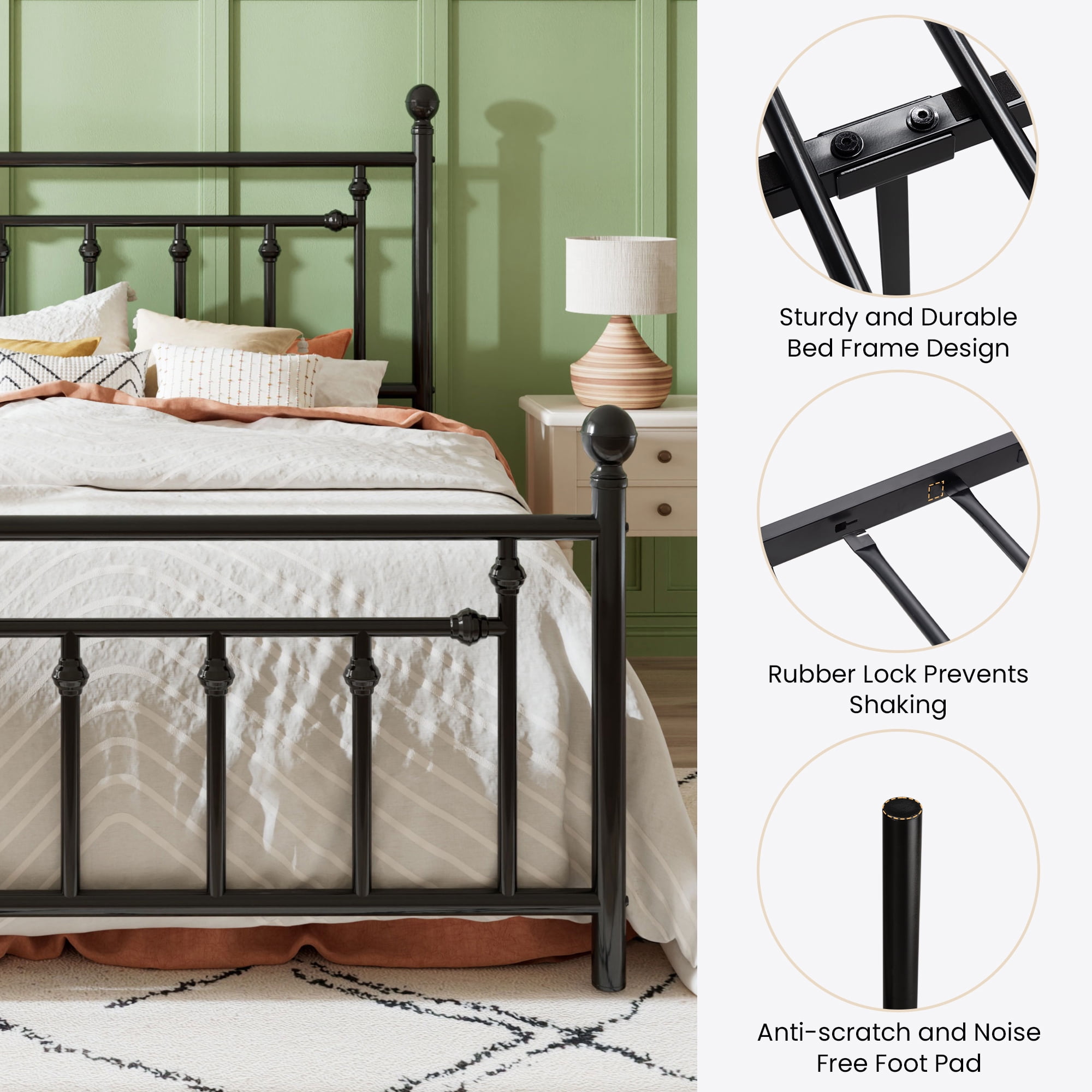 Sha Cerlin Black Twin Size Metal Platform Bed Frame with Victorian Vintage Headboard & Footboard
