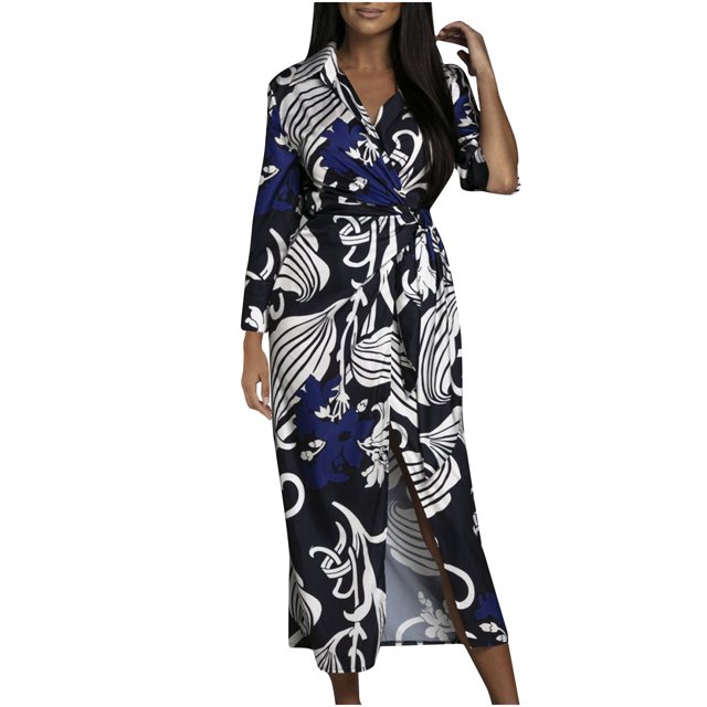 Moda Mujer Casual Turn Down Collar Impreso Manga larga Vendaje Vestido a media pierna Fridja NMB3615