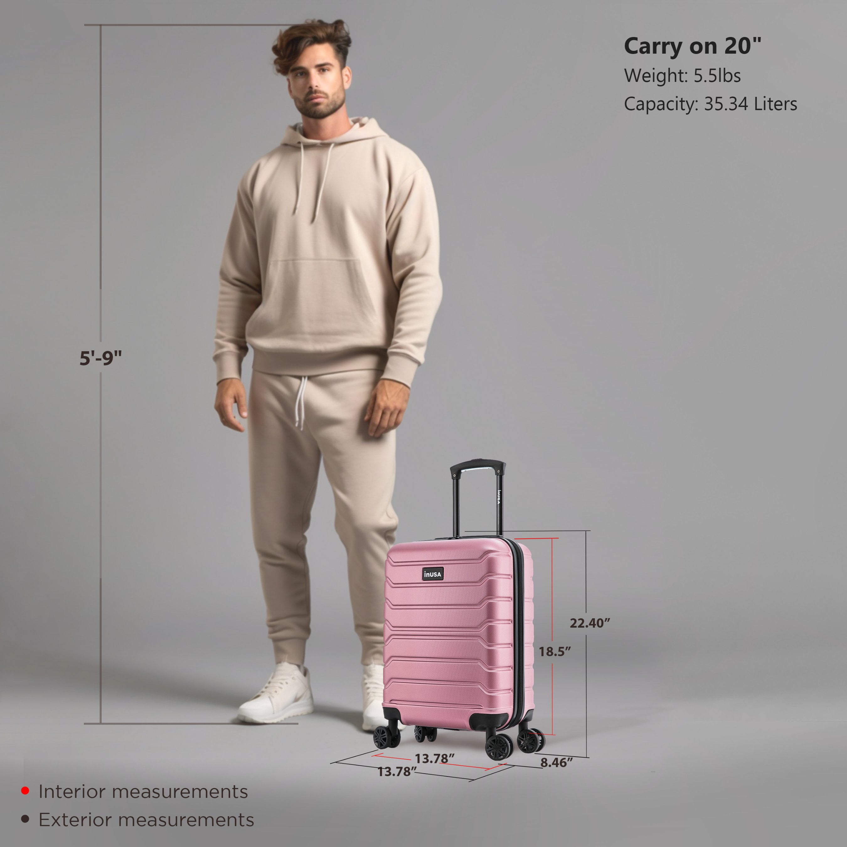 InUSA Trend 20" Hardside Lightweight Luggage with Spinner Wheels, Handle, and Trolley, Rose Gold