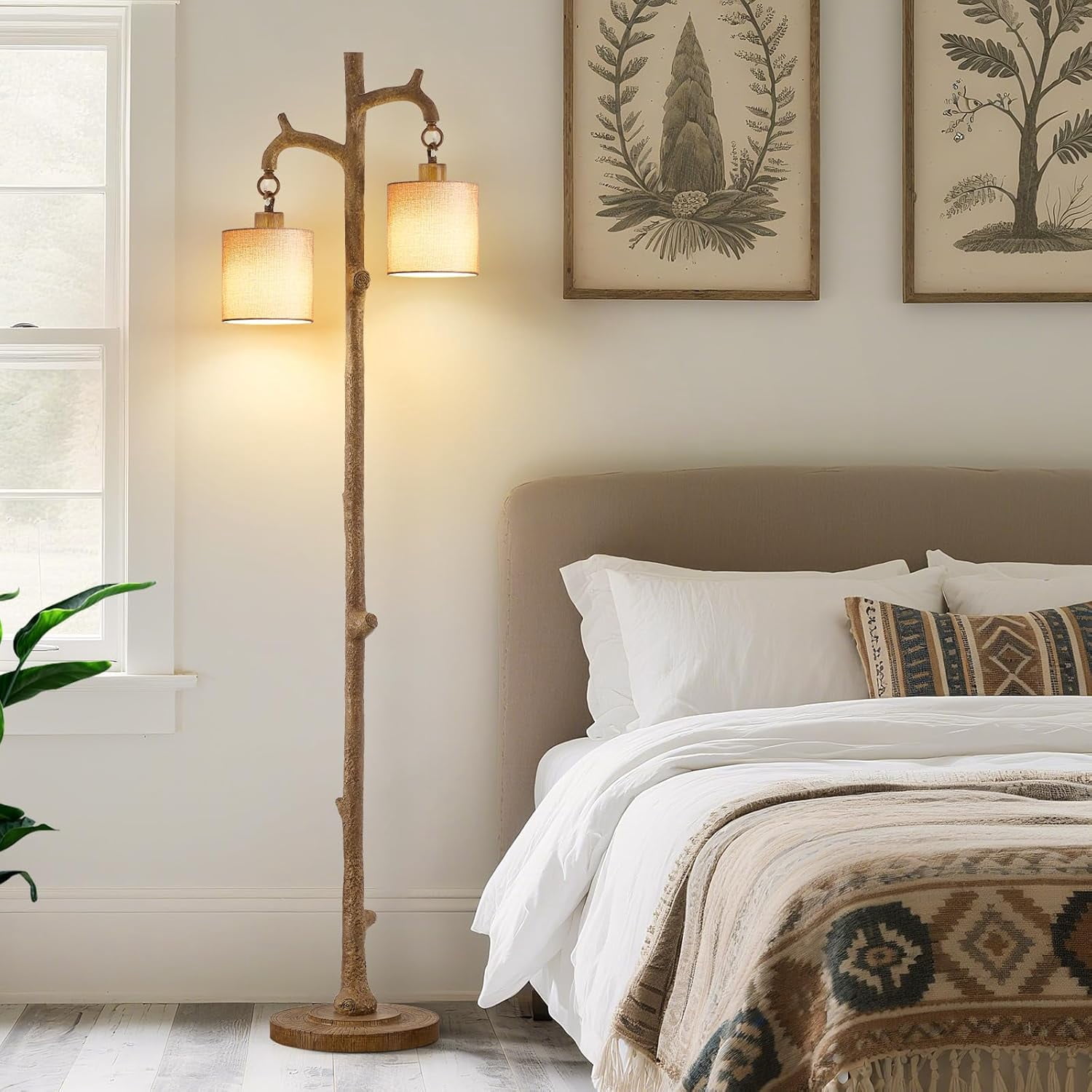 NATYSWAN Floor Lamp for Living Room - 69" Rustic Farmhouse Tree Trunk Tall Lamp - Brown Reading Light with Linen Shade Standing Lamps for Bedroom Office Home Decor