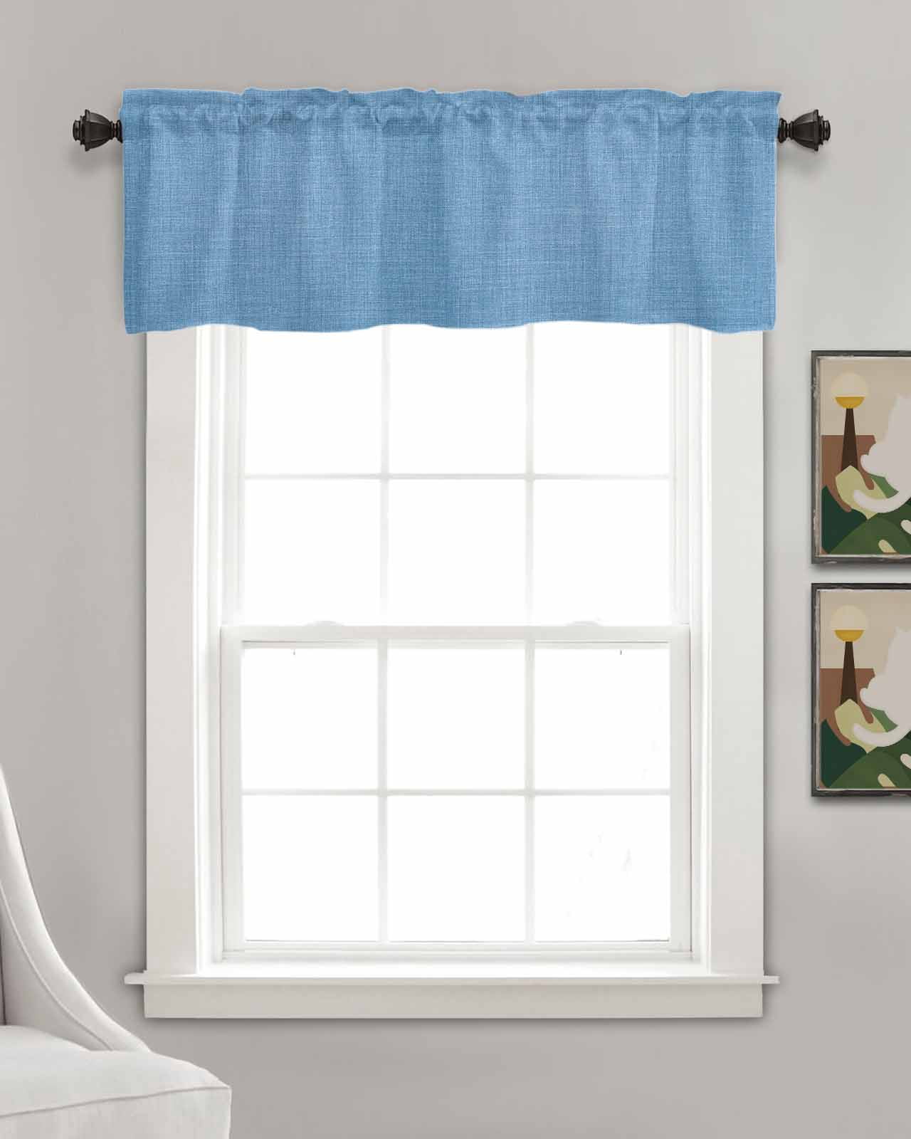 Sky Blue Farmhouse Kitchen Valances for Windows Farmhouse Linen Window Valance Curtain for Living Room Window Treatment Vintage Country Monochrome Textured Valance Rod Pocket Topper, 60 x 18 Inch