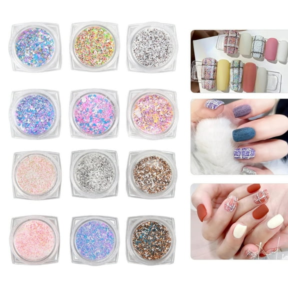 12 Boxes Holographic Nail Art Sequins Glitter Kits, 3D Nails Glitter Metallic Shining Flakes Acrylic Powder Dust Sequins for Nails Decoration Holographic Manicure Tips, Multicolor