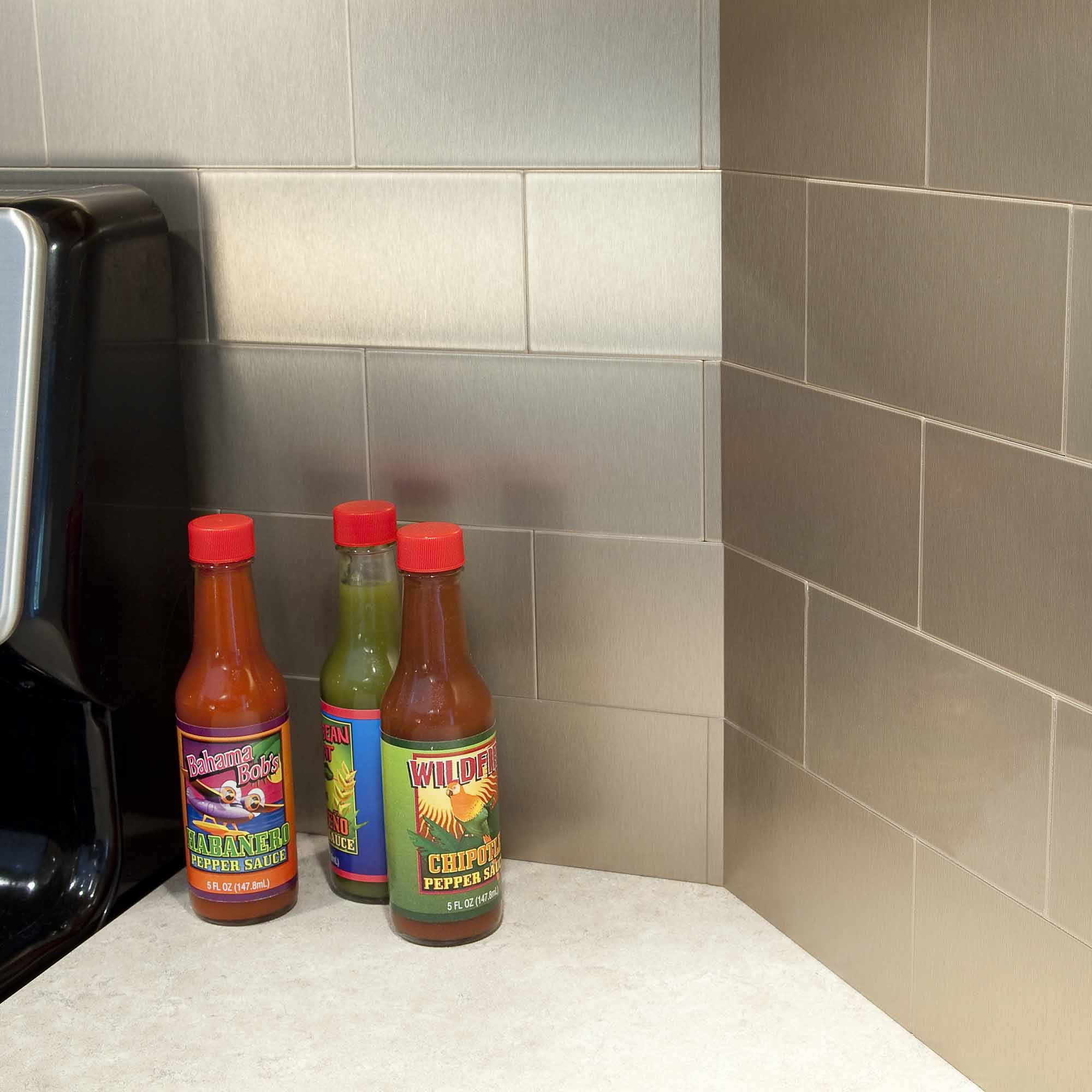 Aspect Peel and Stick Backsplash 3in x 6in Brushed Stainless Short Grain Metal Tile 15 Sq Ft Kit for Kitchen and Bathrooms