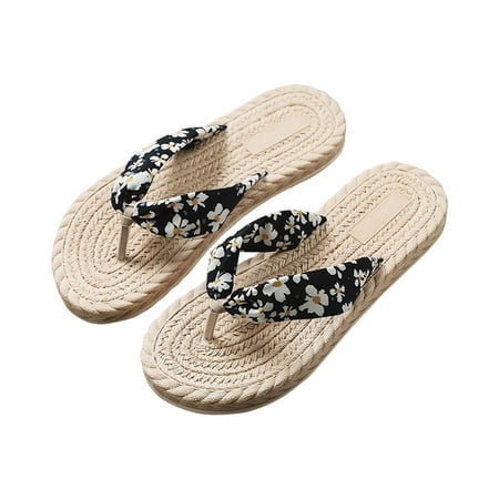 

CYMMPU Women s Slippers Women Shoes Summer Floral Flip Flops Beach Sandals Thongs Slippers Sandals Imitation Hemp Rope Travel Flip-flops Flat-bottom