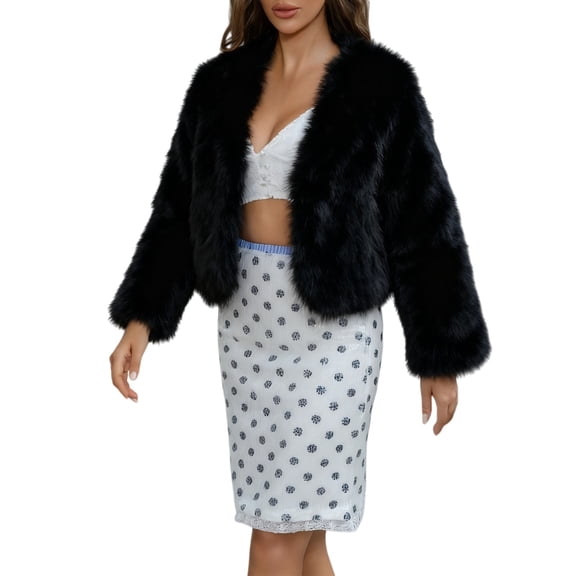 Yigetop Faux Fur Jacket Women's Fashion Cropped Jacket Long Sleeve Open Front 2025 Winter Coats Casual Warm Outerwear Fall Clothes Fur Jackets for Women Black L