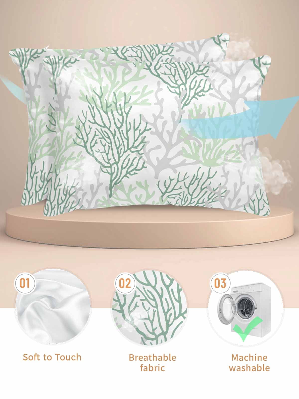 Sage Green Coral Coastal Pillow Cases Queen Size Set of 2, Smooth Satin Pillowcase for Hair and Skin, Summer Beach Seaside Nautical Decorative Cooling Bed Pillow Covers with Zipper, 20x30 Inches