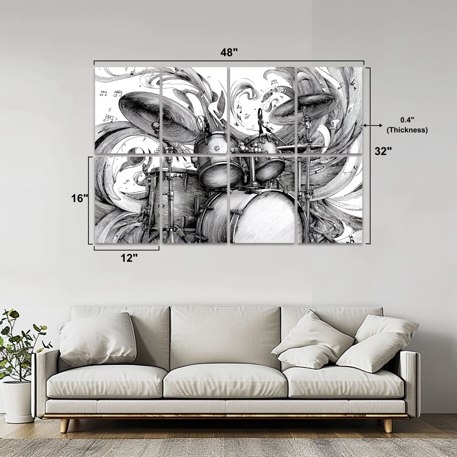 8 Pack Art Acoustic Panels Sound Absorbing Black White Drum Set Sketch Flowing Musical Notes Decorative Soundproof Wall Panels Self Adhesive for Nursery Game Room Bedroom 48"x32"