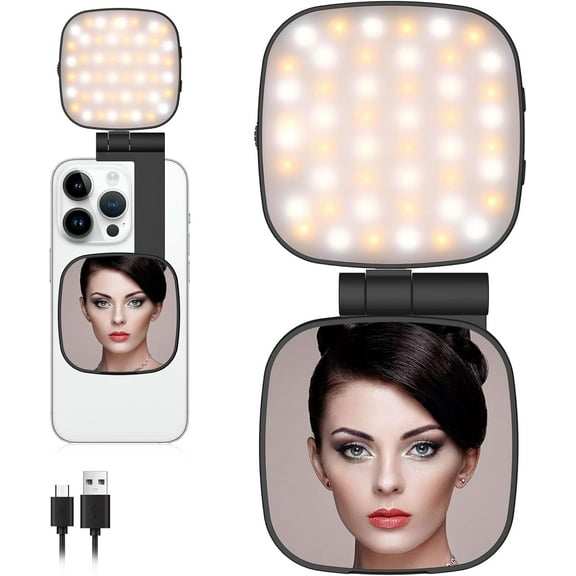 Magnetic Selfie Light Compatible for MagSafe iPhone, CRI 95  700lx/0.3m Folding LED Phone Fill Ring Lighting with Full Mirror for Zoom Makeup Photography Recording Video Conference TikTok (M27-Black)