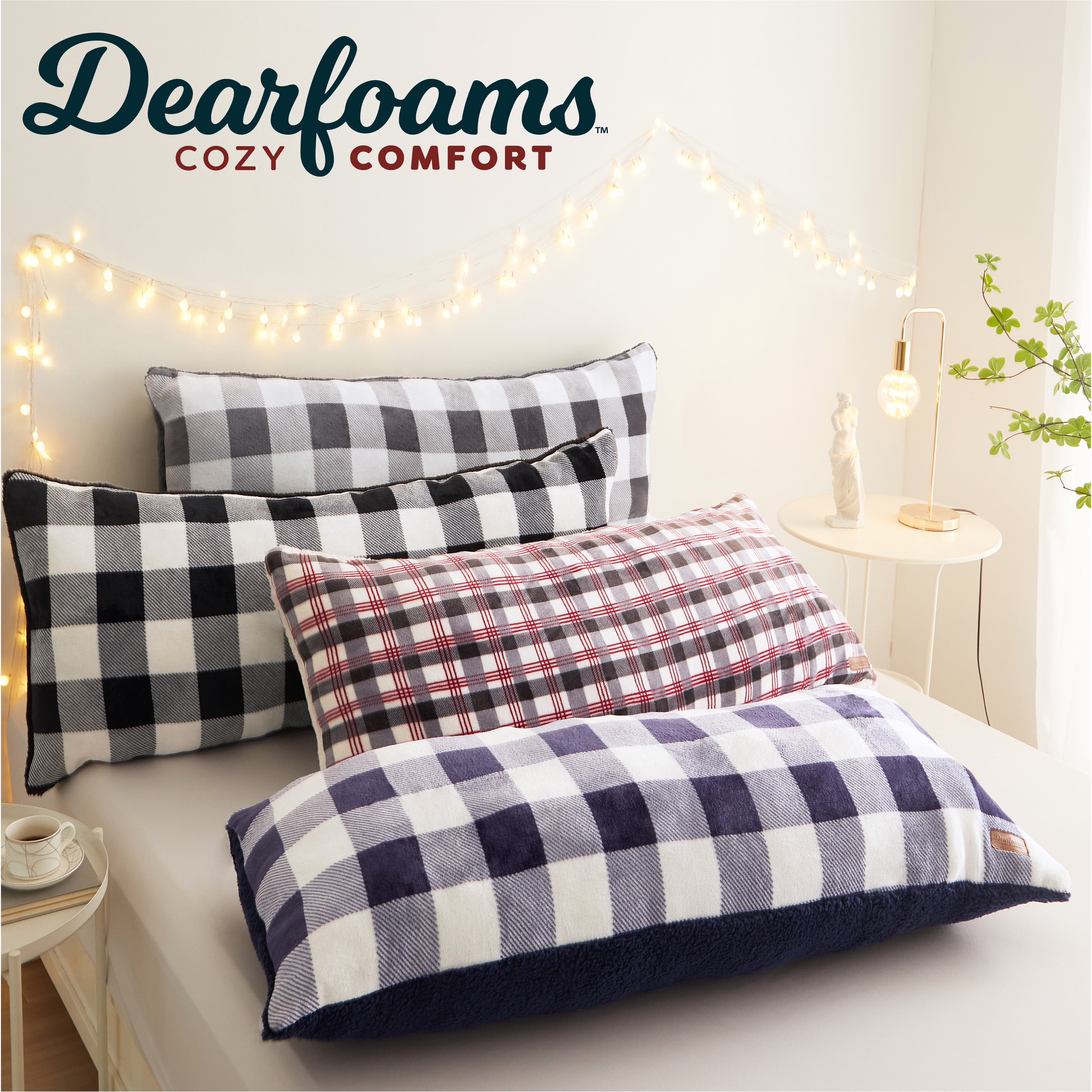 Dearfoams Royal Plush Reverse to Super Soft Sherpa Body Pillow, 20 inch x 48 inch, Navy White CHECK, Polyester Fill