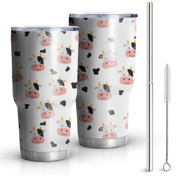 30oz White Cow Head Pattern Tumblers Stainless Steel Tumbler with Lid and Straw,Vacuum Insulated Double Wall Travel Tumbler Cups Mug with Cleaning Brush for Coffee,Tea