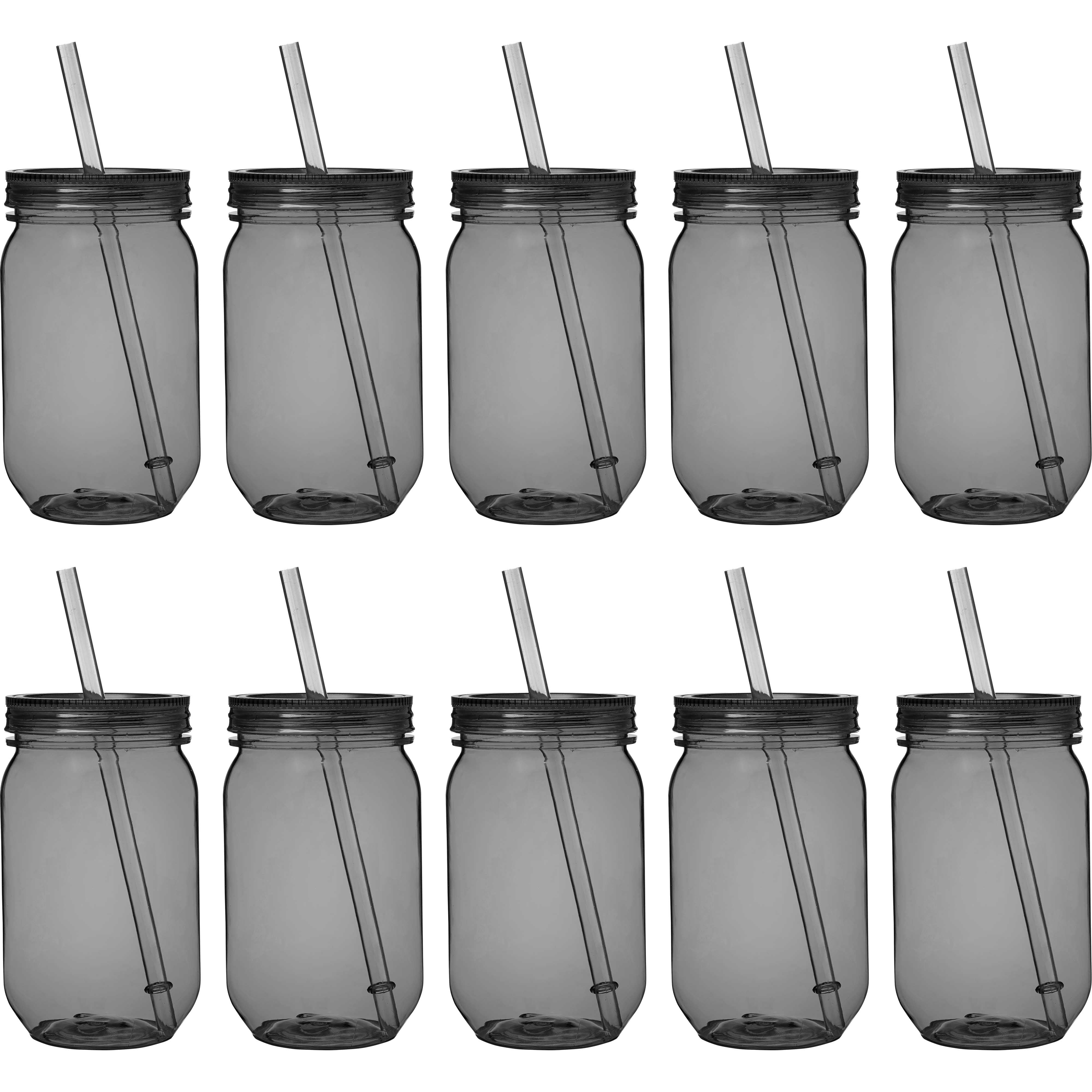 Plastic Mason Jars with Straw Set 24 oz. Set of 10, Bulk Pack Jars