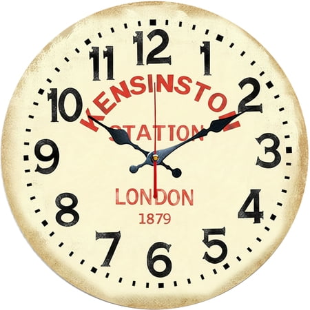 Hoease 10 Inch Silent Wall Clock, Vintage Kensington Station London Decorative Wall Clock, Battery Operated Non-Ticking Round Clock for Living Room Bedroom Office Home Decor