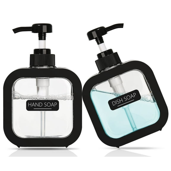 GM GMISUN Hand and Dish Soap Dispenser Set, 2Pack Modern Plastic Dispenser, 10oz with Pump and Labels, Black