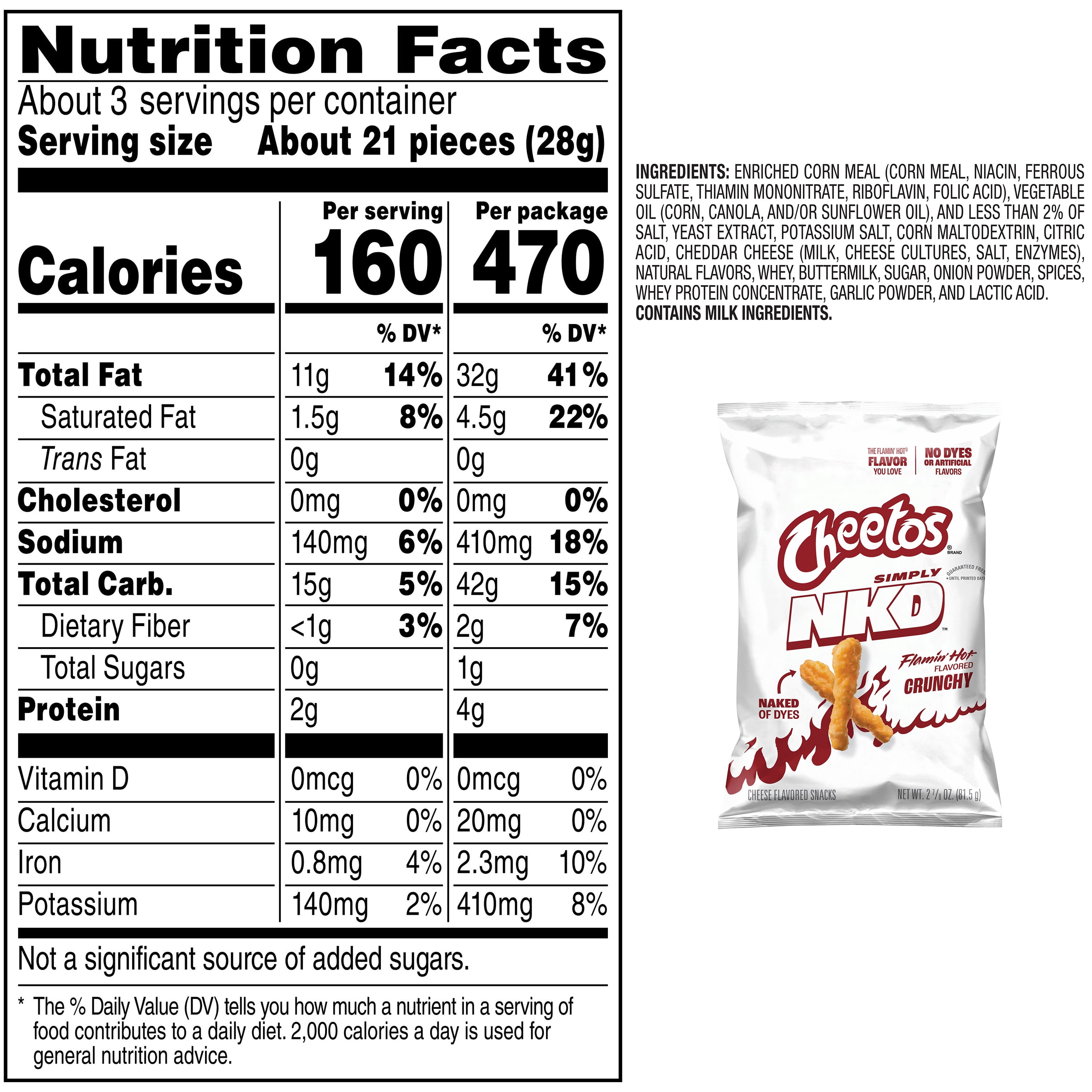 Cheetos Simply NKD No Dyes No Artificial Flavors Crunchy Flamin’ Hot Cheese Flavored Snacks Bag, 2.875 oz
