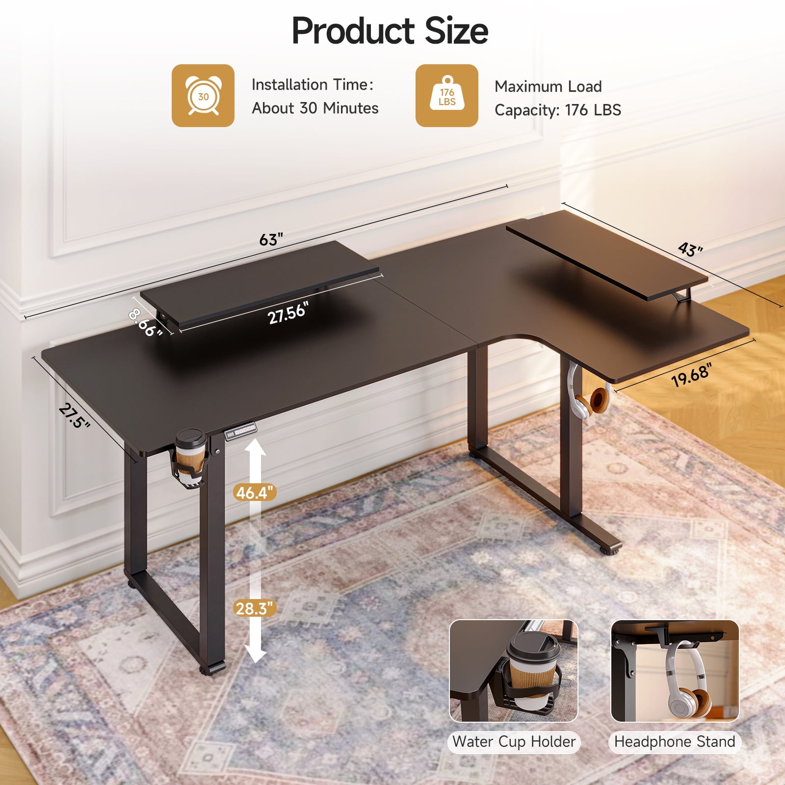 63x43 Inches L Shaped Standing Desk, Electric Stand Up Desk with 2 Adjustable Monitor Shelves, Black