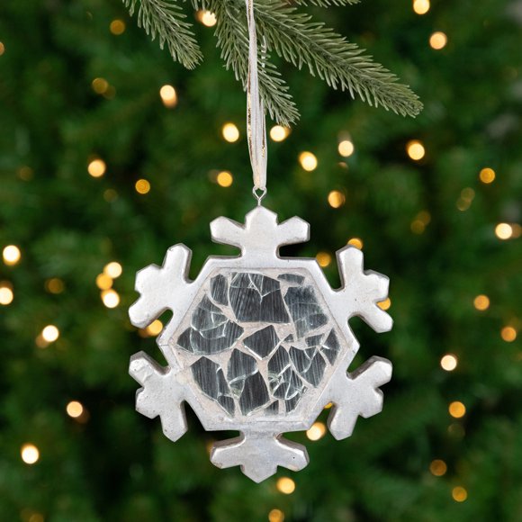 Roman Mosaic Style Snowflake Christmas Ornament - 3.5" - Silver