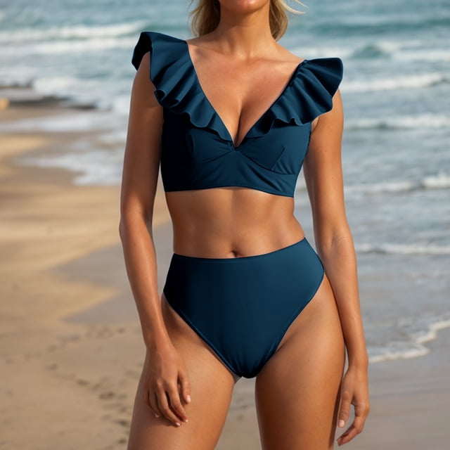 YUTK Bikini Top - Women's High Waisted Solid V-Neck Ruffle Sleeve Tight Fitting Gathering Swimsuit Split Set Blue Xl