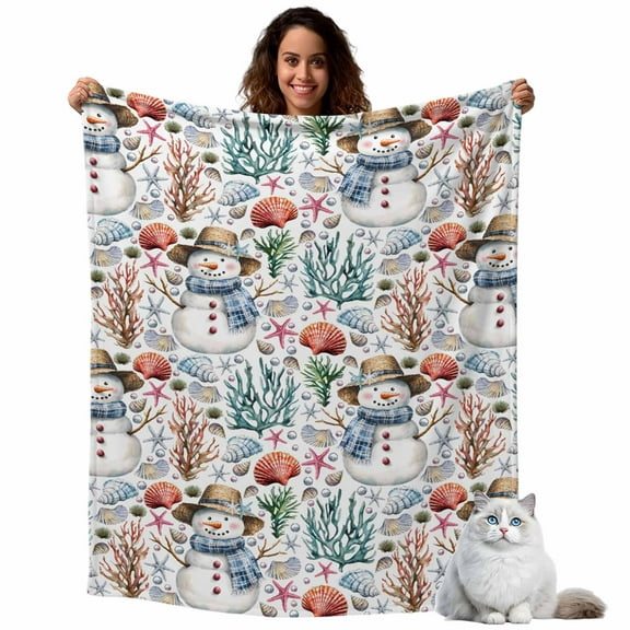 Snowman Christmas Sea Coral Starfish Shell Throw Blanket Flannel Fleece Throws, Xmas Ocean Theme Lightweight Super Soft Warm Blankets for Couch Sofa Bed All Season Use, 40x50 in