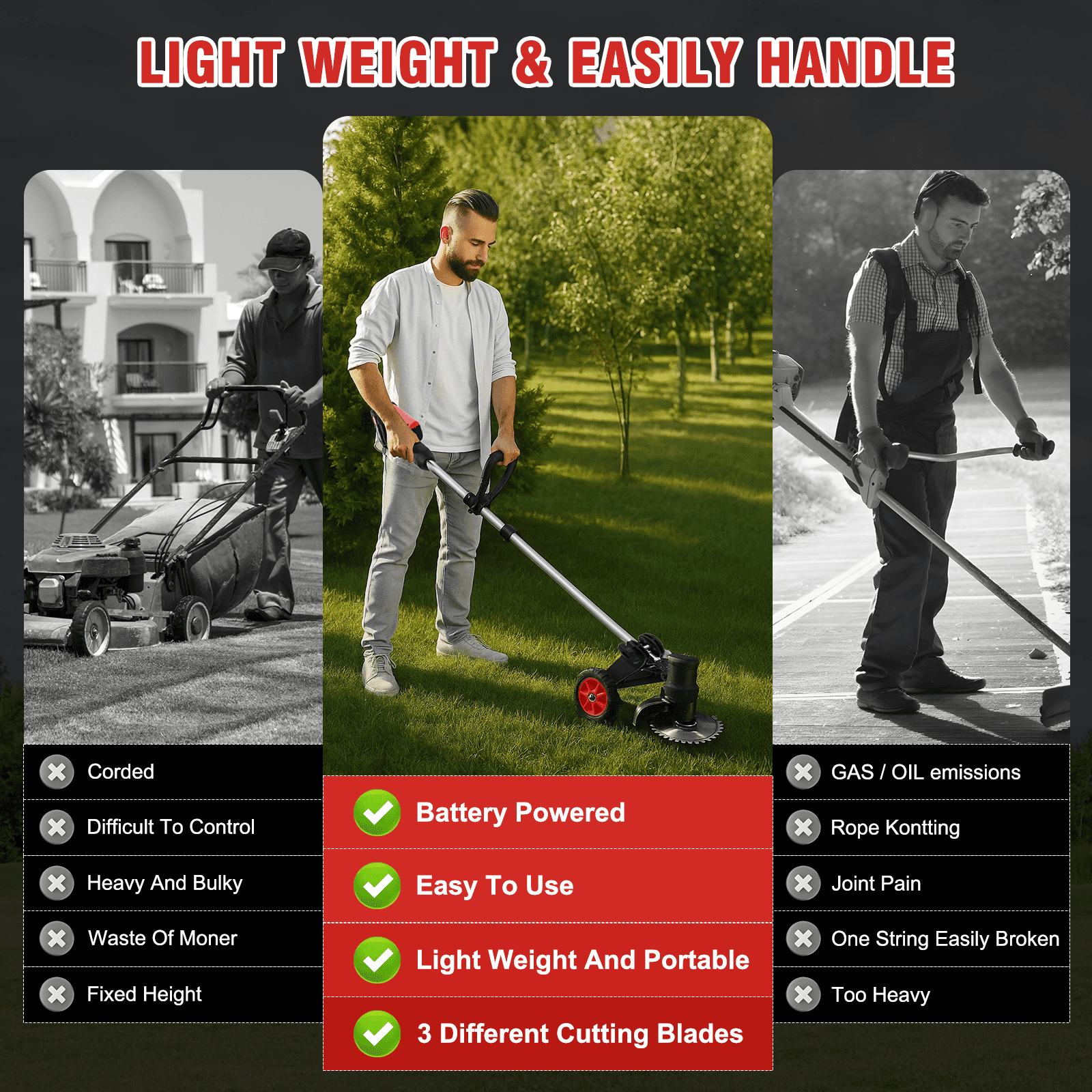 BAOKALER Cordless Electric Weed Wacker String Trimmer with Wheels, Equipped with Three Types of Blades and 2 Battery