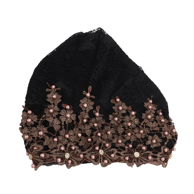 Sombrero de turbante musulmán Diseño de cuentas bordado vintage Envoltura para la cabeza elástica suave y ligera para uso diario AdoraciónNegro