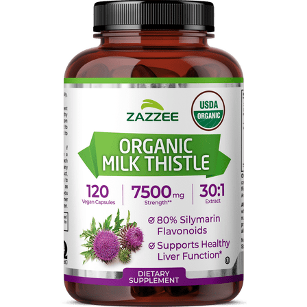 Zazzee USDA Organic Milk Thistle 30:1 Extract 7,500 mg Strength – 120 Vegan Capsules – Standardized to 80% Silymarin Flavonoids – Liver Health & Detox Support – Vegan • Non-GMO • Made in USA