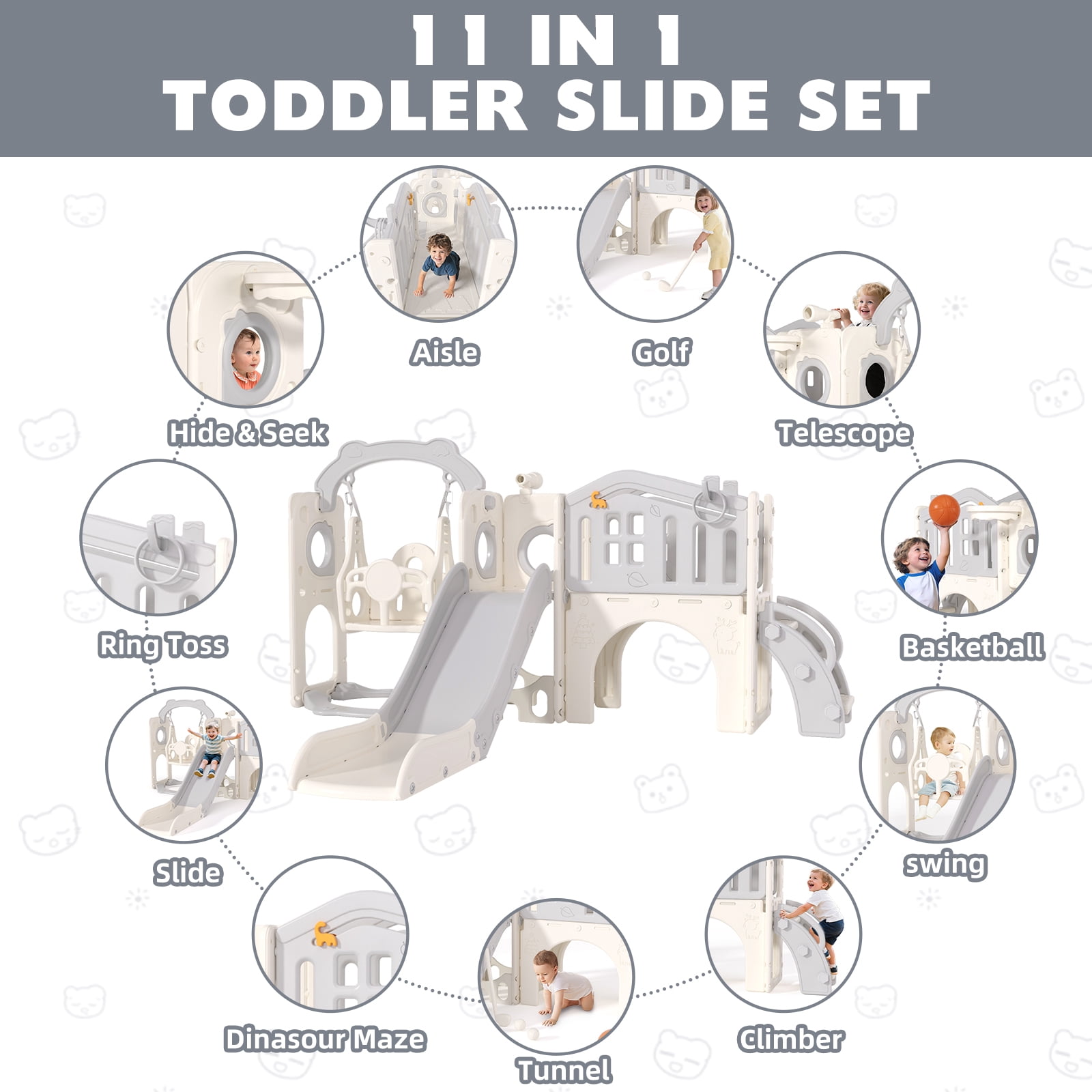XJD 11 in 1 Toddler Slide and Swing Set - Baby Slide for Toddlers 1-3, Indoor Outdoor Toddler Playset Playground, Gray