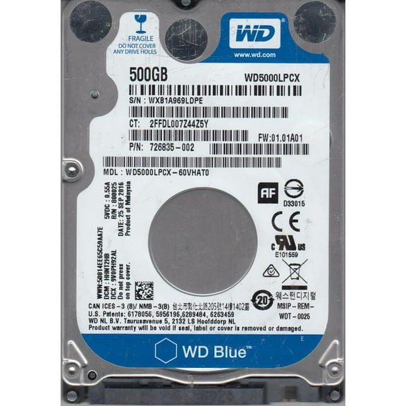 WD5000LPCX-60VHAT0, DCM HHNT2HB, Western Digital 500GB SATA 2.5 Hard Drive