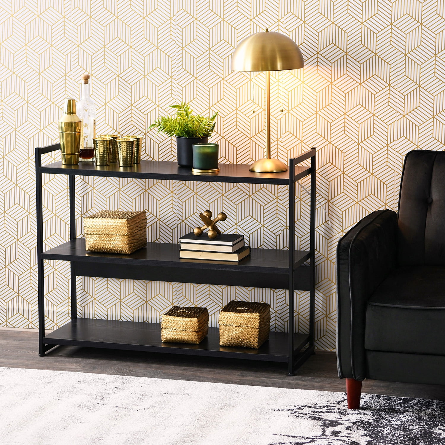 Household Essentials 3 Tier Black Oak Bookshelf, Black Oak Wood and Black Metal, Chic and Industrial Bookshelf