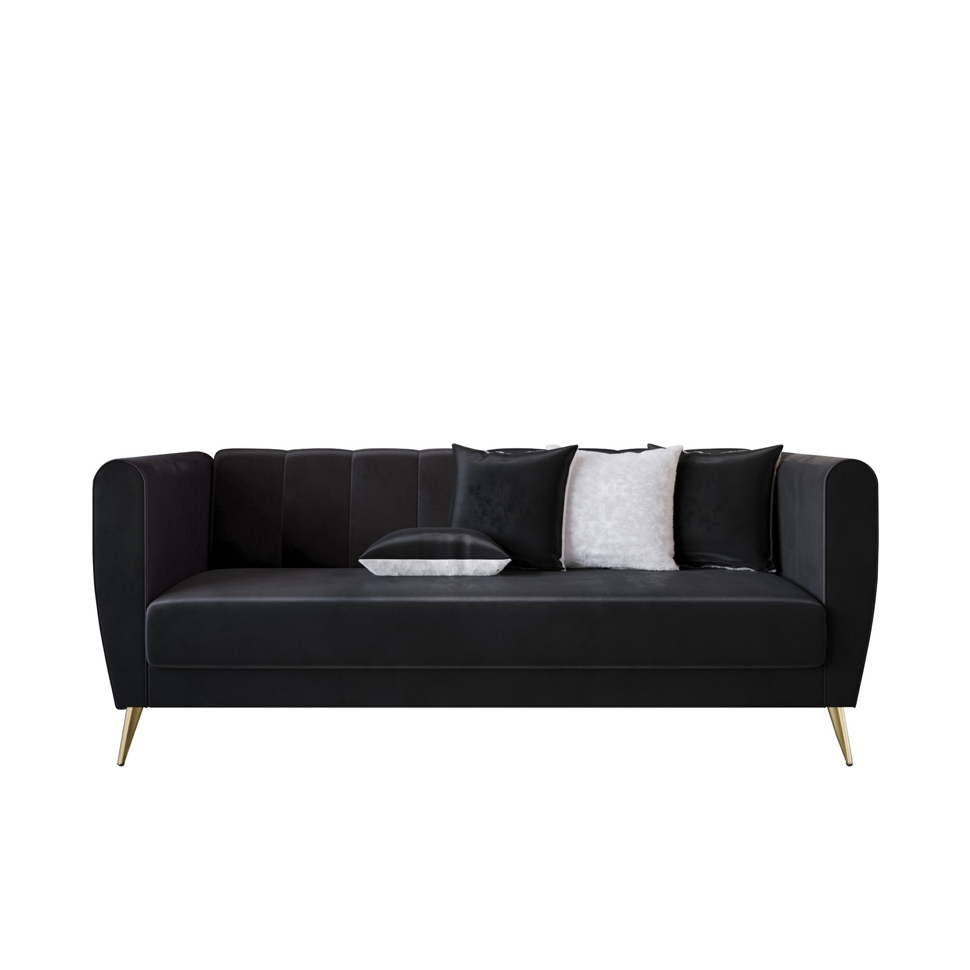 Home Design Scarlett Velvet Flared Arm 3-Seater Sofa with 4 Throw Pillows, Vertical Channel Tufting and Metal Legs, Modern Luxury, Black