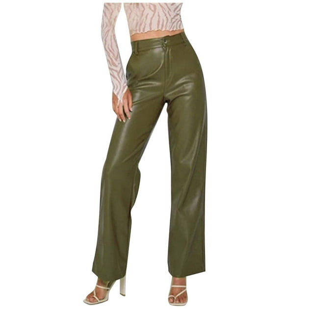 Winter Fashionable Women's Leather Wide Leg Flared Trousers with Decorative Button Pockets