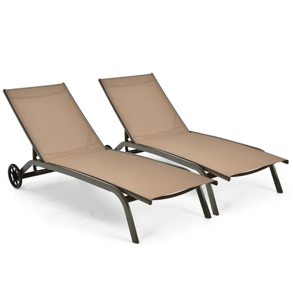 Costway 2PCS Patio Lounge Chair Chaise Adjustable Back Recliner W/Wheels Brown