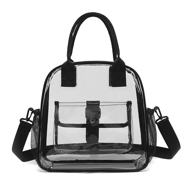 Yhmxh Bolso transparente para eventos en estadios, bolso pequeño de 30x15x30 cm con cremallera, bolso cruzado transparente con bolsillo lateral de malla y correa, bolso de hombro transparente de PV