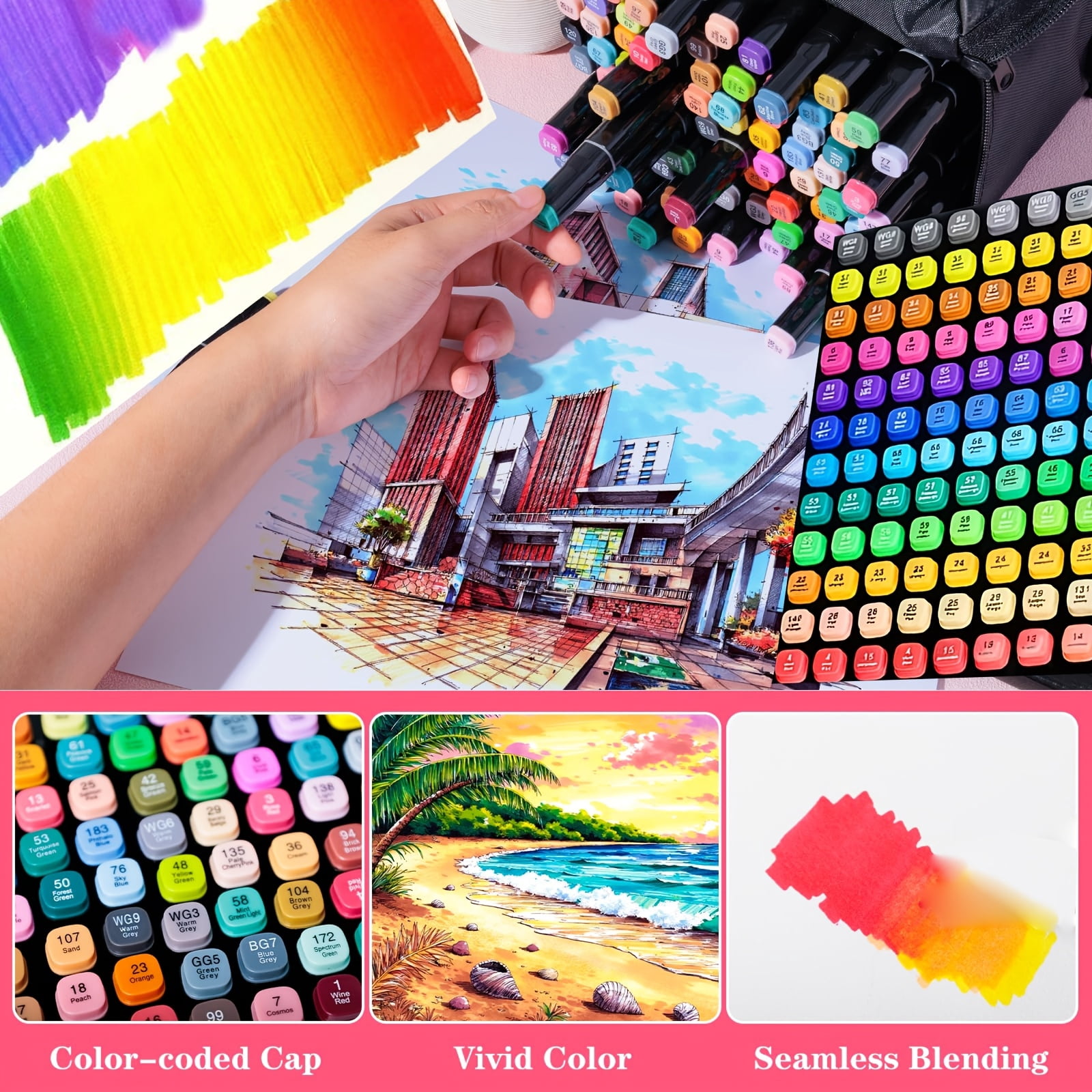 169-Piece Alcohol Marker Set, Dual Tip Fine & Chisel Markers for Sketching, Illustration, Comics & Coloring
